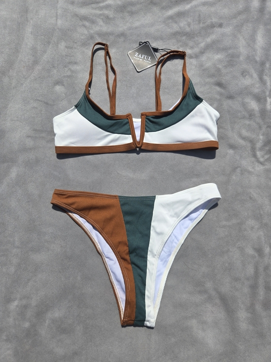 Zaful Other - Zaful Colorblock V-Notch Triangle Bikini - White, Green & Brown - NEW